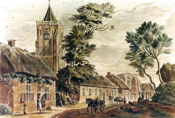 Het centrum van Sambeek, in 1743 getekend door Jan de Beijer. In het midden het kerkenhuijs.